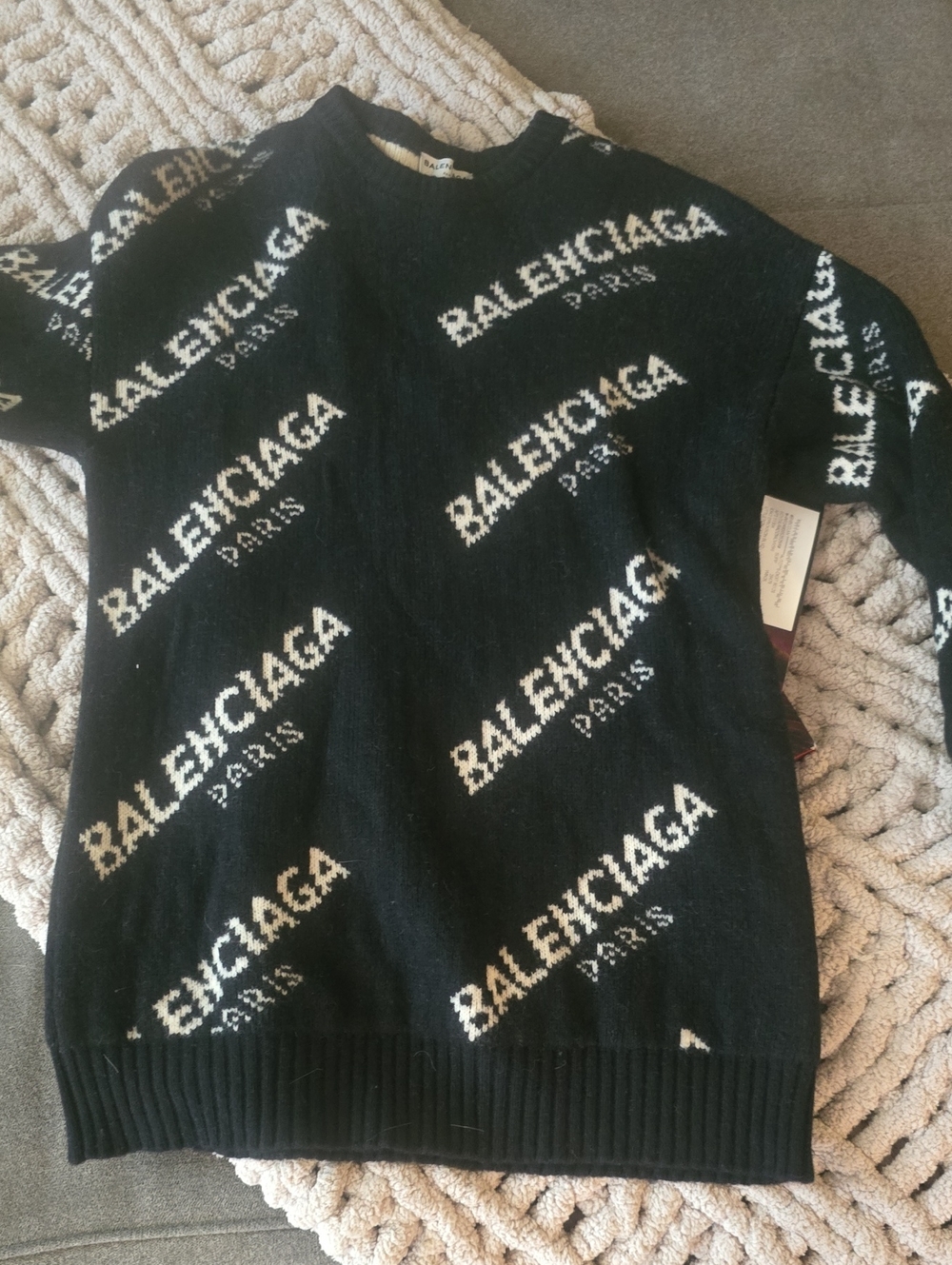 Balenciaga Black Crewneck Sweater with White Logo Pattern